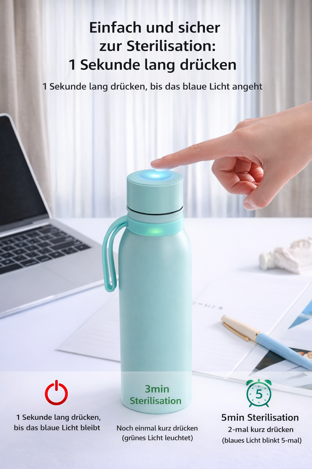 Selbstdesinfizierende Trinkflasche aus Edelstahl | UV-Desinfektion